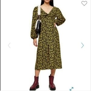 Topshop Floral Long Sleeve Midi Dress Size 10 NWT Black & Gold
